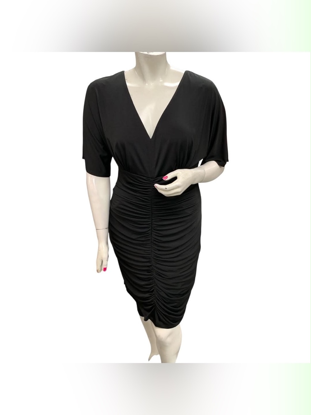 David Meister Black V-Neck Ruched Midi Dress Size XL